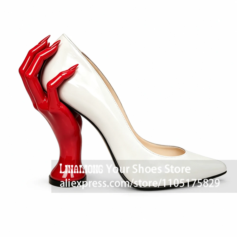 Red Hand Sculptural Heel Pointed Pumps Designer Style Novelty Figurative High Heels Long Stiletto Nail Detail on Hand Heel Shoes