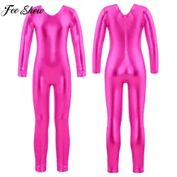 Girls Long Sleeve Zipper Bronzing Cloth Dance Jumpsuit Ballet Gymnastics Leotard Yoga Acrobatics Ice Skating Bodysuit Dancewear