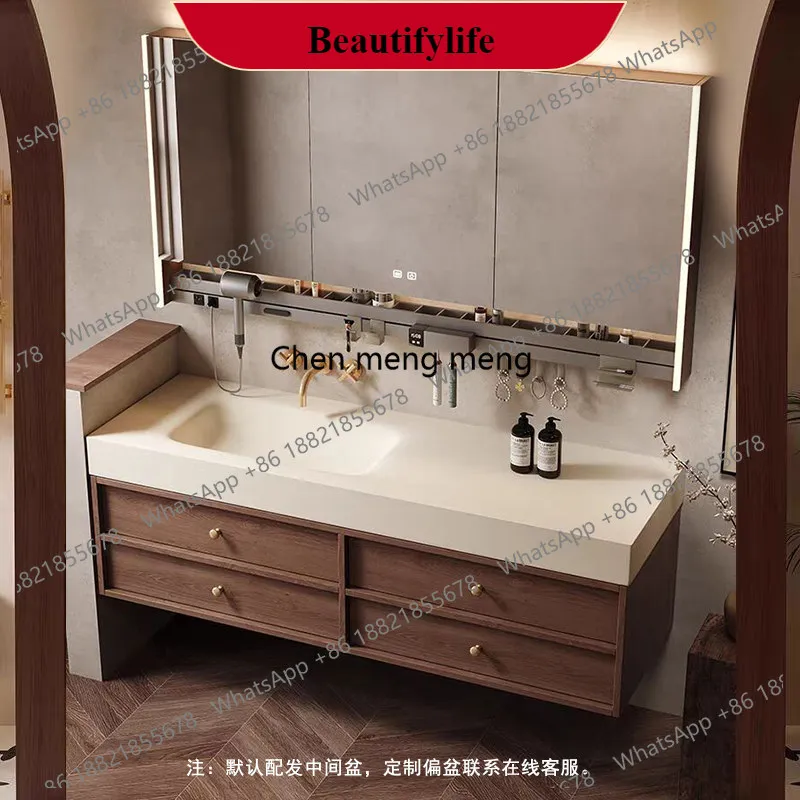 

Тумба для ванной из орехового дерева с интегрированной раковиной из каменной плиты, изготовленной методом горячей гибки