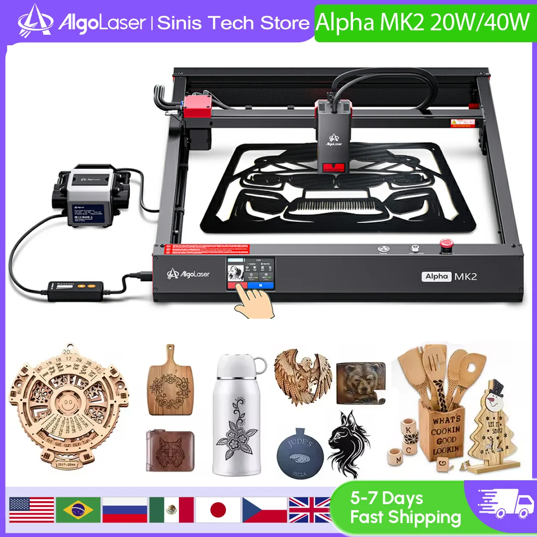 알골레이저 알파 MK2 20W/40W 출력 레이저 헤드, 인치 터치스크린, 에어 어시스트, 데스크탑 목재 레이저 커터, 금속 조각기