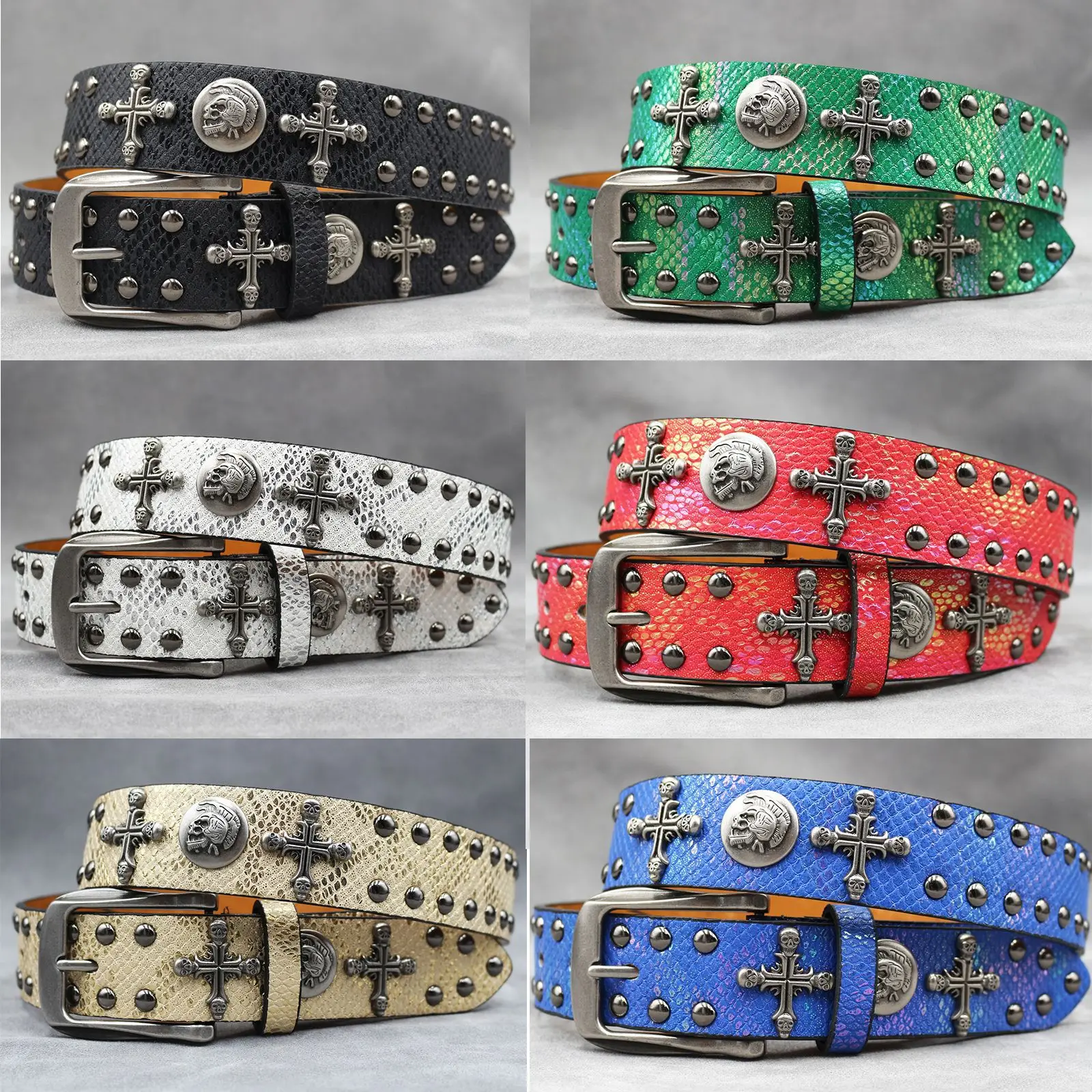 

Harajuku Style Cross Skull Rivet Pu Leather Belt Punk Men's Belt Women's Snake Pattern Fashionable All-match Belt Accessories