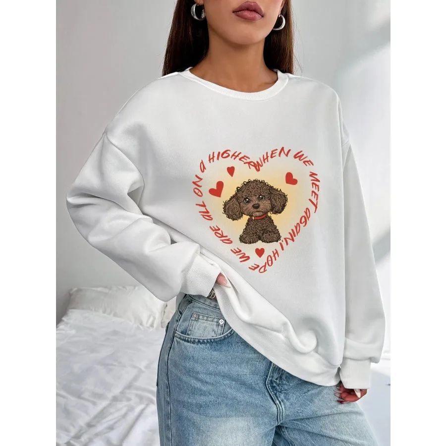 

Women Basic Casual Pullover Spring Autumn Long Sleeve Cute Puppy Printed Round Neck