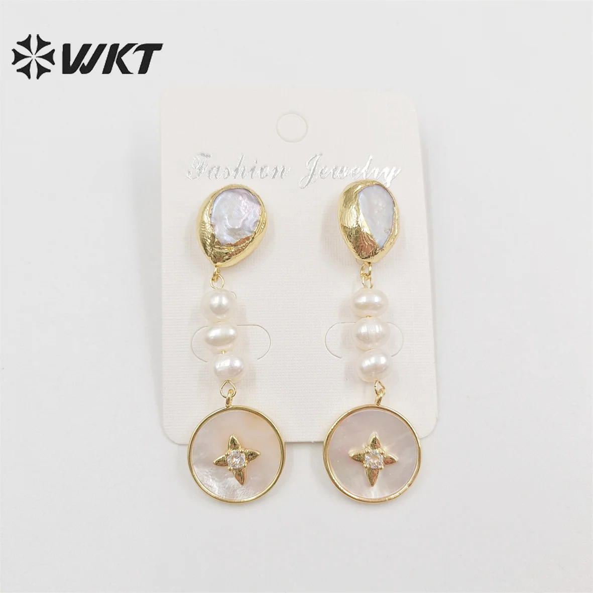 

WT-MPE080 Wholesale Fashion MOP Pearl Long Dangle Earrings 18k Real Gold Plated Office Style Elegant Round Shell Jewelry Finding