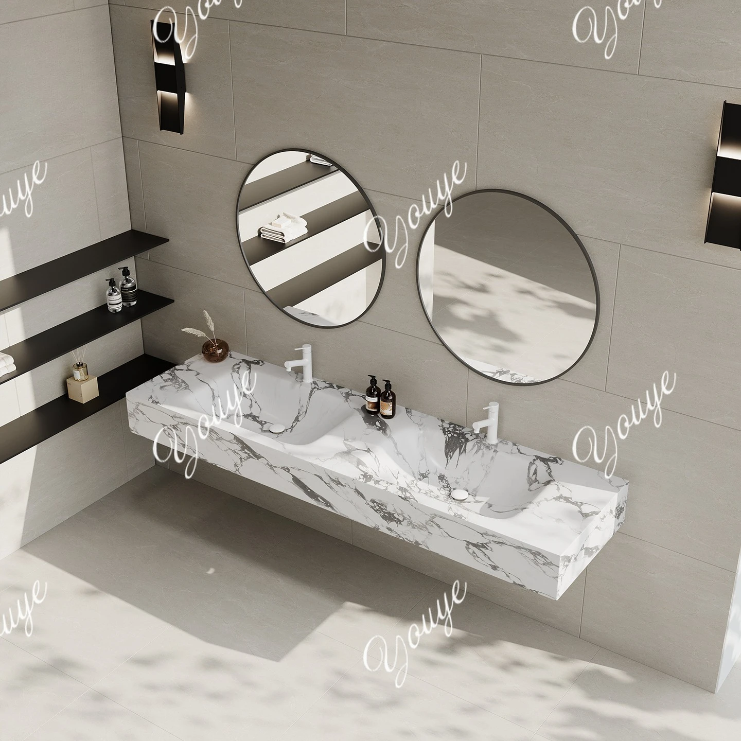 Rauchpulver, Felsplatte, heißes Biegen, integriertes Doppelwaschbecken, Doppelhahn, Wandwaschbecken, Hotel-Doppelwaschbecken