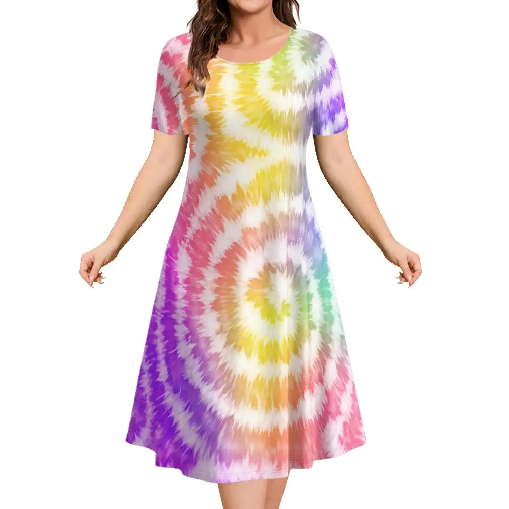 Fashion Women‘S Short Sleeve Dresses Casual Classy A-Line Skirt Summer Oversized Vacation Loose Dresses Tie-Dye Woman Streetwear