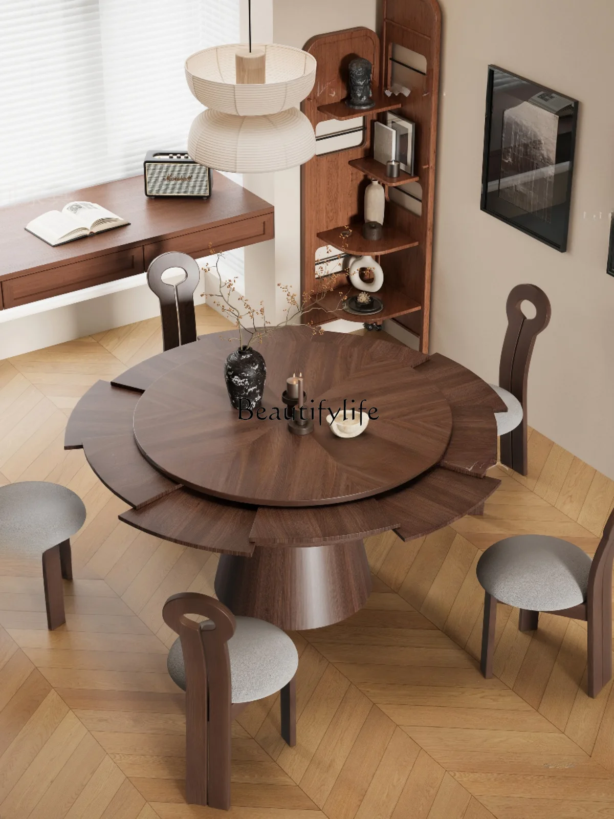 Deformation round Table Antique Style Solid Wood Rotating Retractable Dining Table French Retro Folding