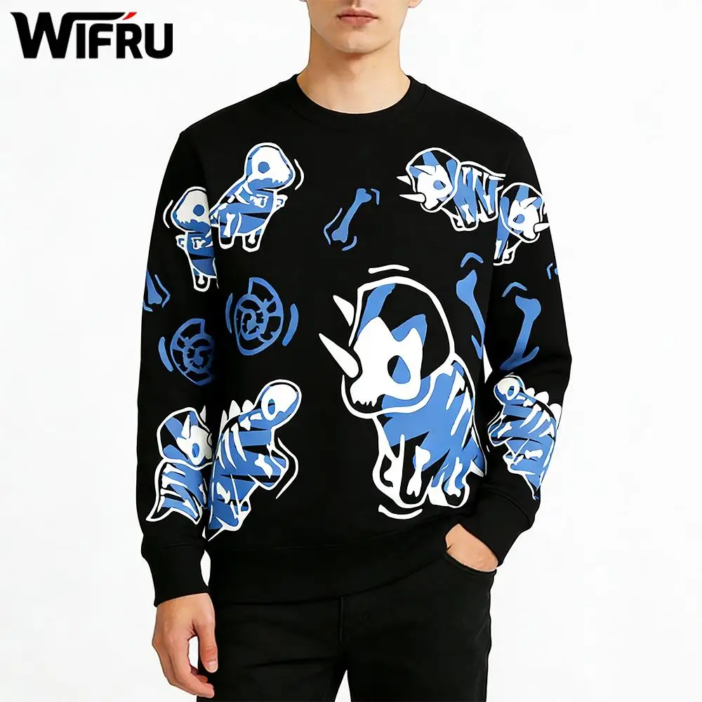 

Dinosaur Skeleton Print Crew Neck Sweatshirt Autumn/Winter Fashion Vintage Streetwear Pullover Unisex Casual Loose Long-sleeved