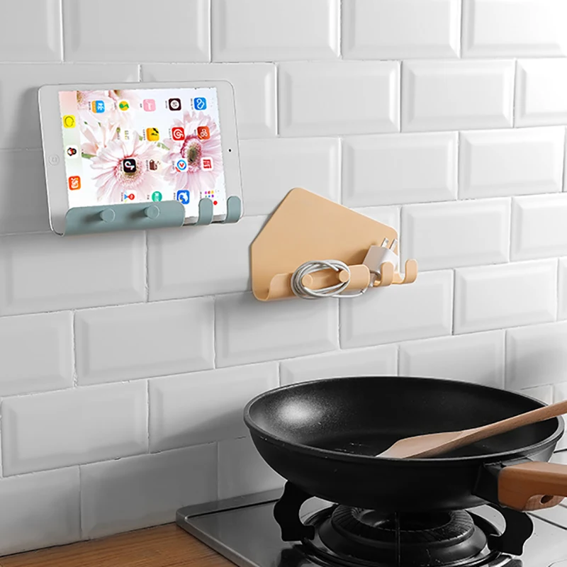 Nieuw Ontwerp Mobiele Telefoon Muur Oplaadhouder Standaard Voor Ipad Xiaomi Garderobe Opbergbeugel Met 4 Haak Multi-Use Tools