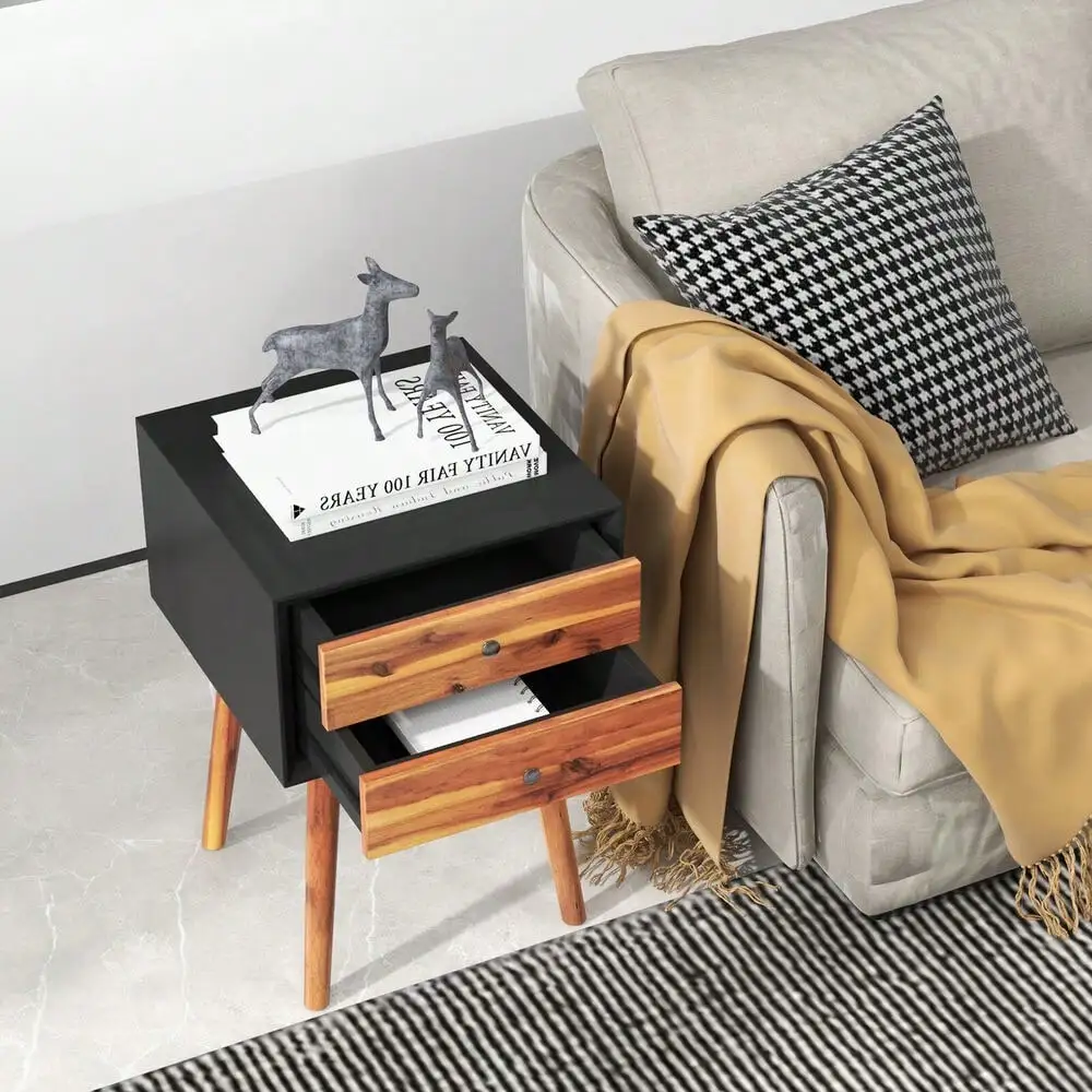 2PCS Nightstand Mid-Century End Side Table Living Room W/2 Drawer