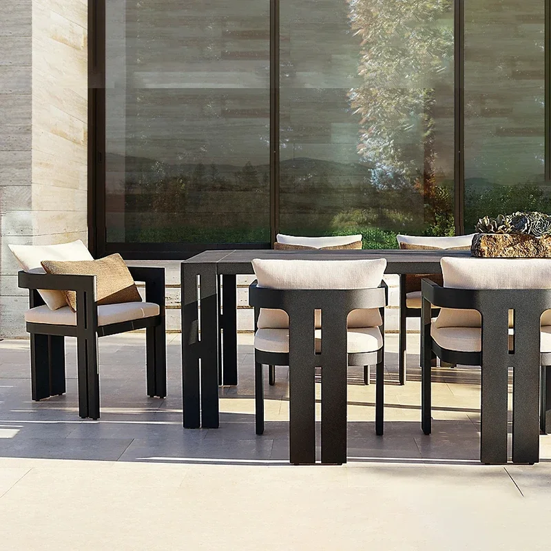 

#c Factory Custom Hotel Patio Modern Black Metal Dining Set Aluminum Villa Outdoor Furniture Dining Table and Dining Chairs