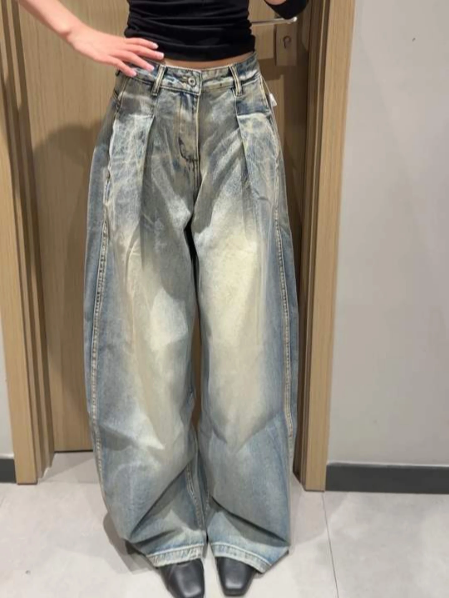 

Retro American Washed Pleated Wide Leg Denim Jeans Women's plus Size High Street Loose Floor Length Pants Casual Pure Color