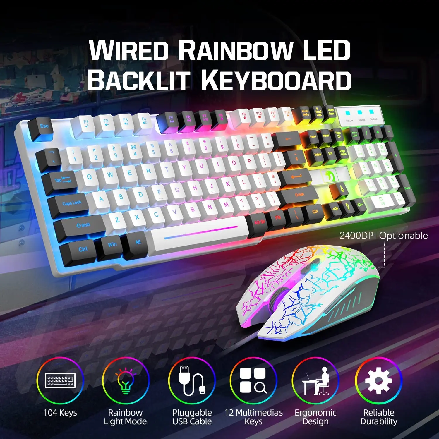 MAMBASNAKE T11 5-IN-1 Wired Rainbow LED Backlit Keyboard and Mouse, Over Ear Headphone with Mic, Gaming Mice and Pad, Speaker