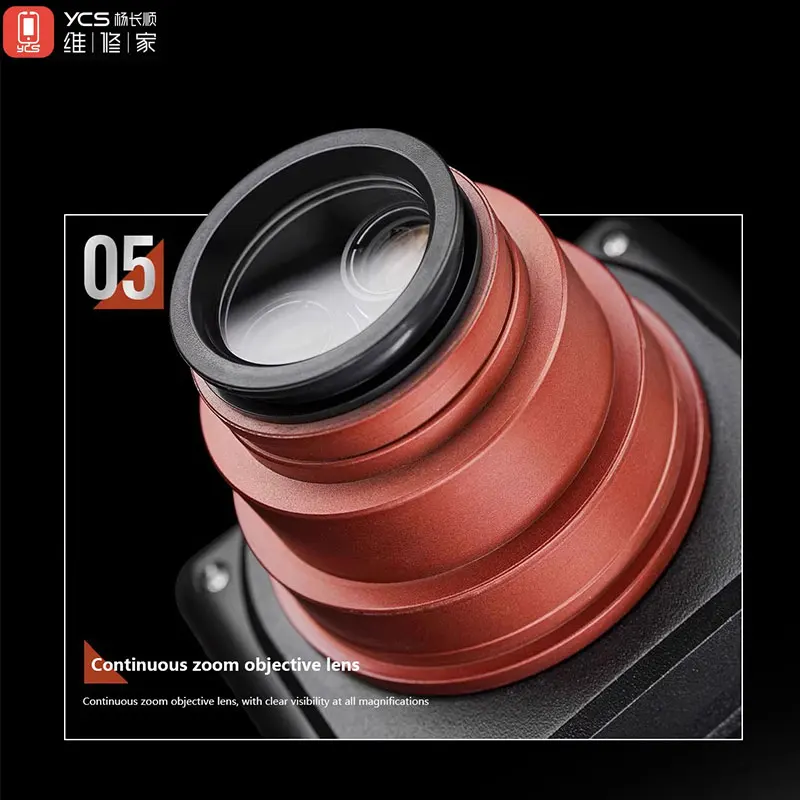 YCS 6065X 三眼顕微鏡 - 0.5X-5X 連続ズーム、10X 広視野接眼レンズ、PCB 修理およびはんだ付け用の上下フォーカスノブ