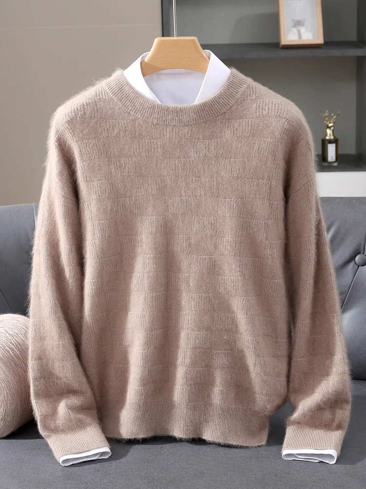 Luxury Men's 100% Mink Cashmere Thickening Sweater O-neck Grid Pullover Thick Knitwear Top Autumn Winter Anti-pilling Clothing