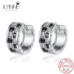 New Punk Rock Girl&Men Black Crystal Rhinestone Lattice Design Widen Hoop Earrings Women Jewelry 925 Sterling Silver Ear Circle