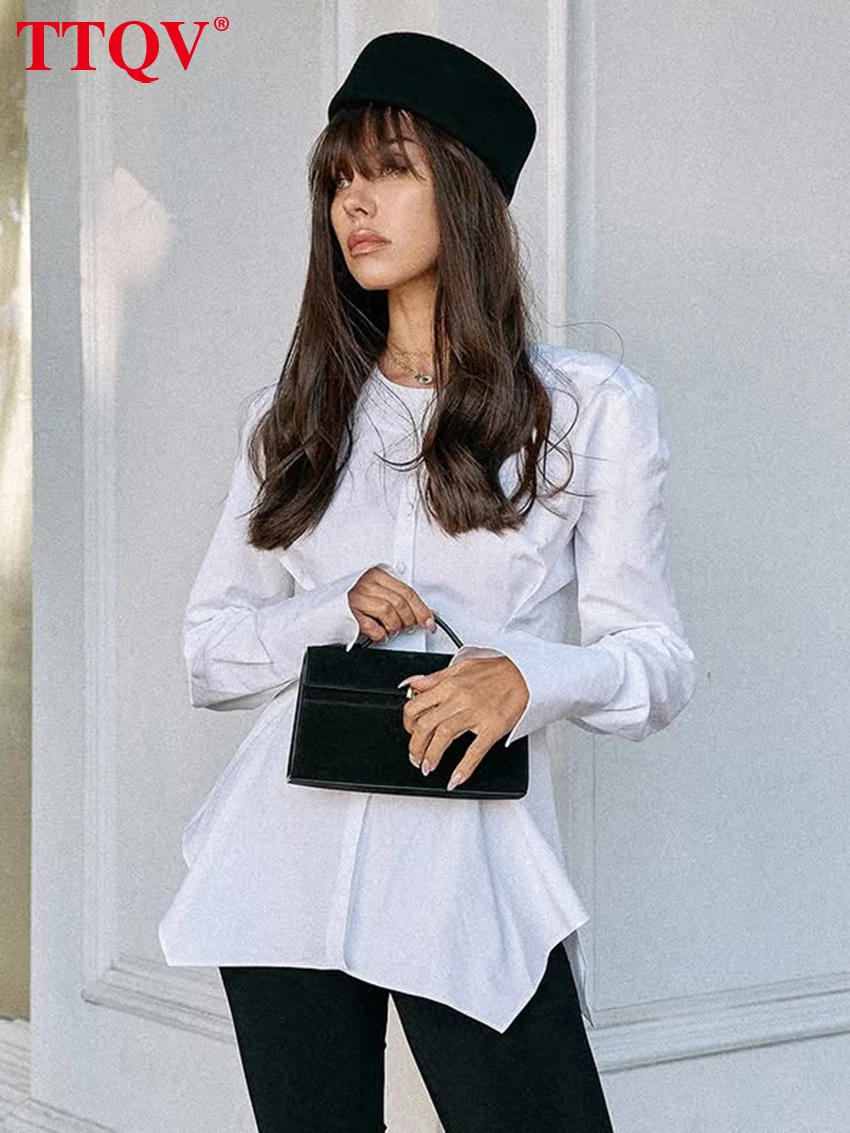 

TTQV Fashion Loose White Cotton Women's Shirt Casual O-Neck Long Sleeve Lady Blouse Elegant Classic Solid Top Female Clothing