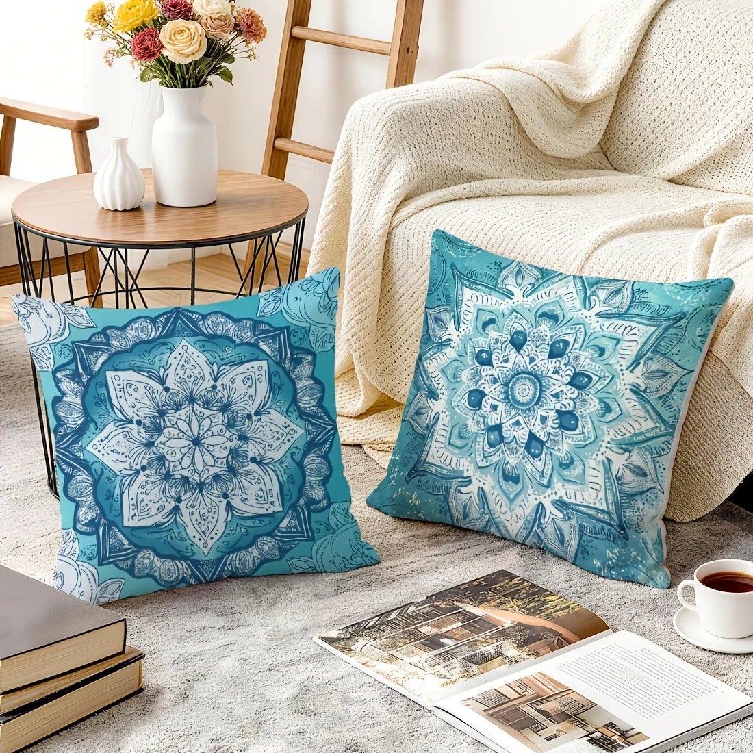 4pcs Teal Mandala Pillow Covers Set Polyester Double Sided Printed Peach Skin Velvet Cushion Cover All Seasons Decor