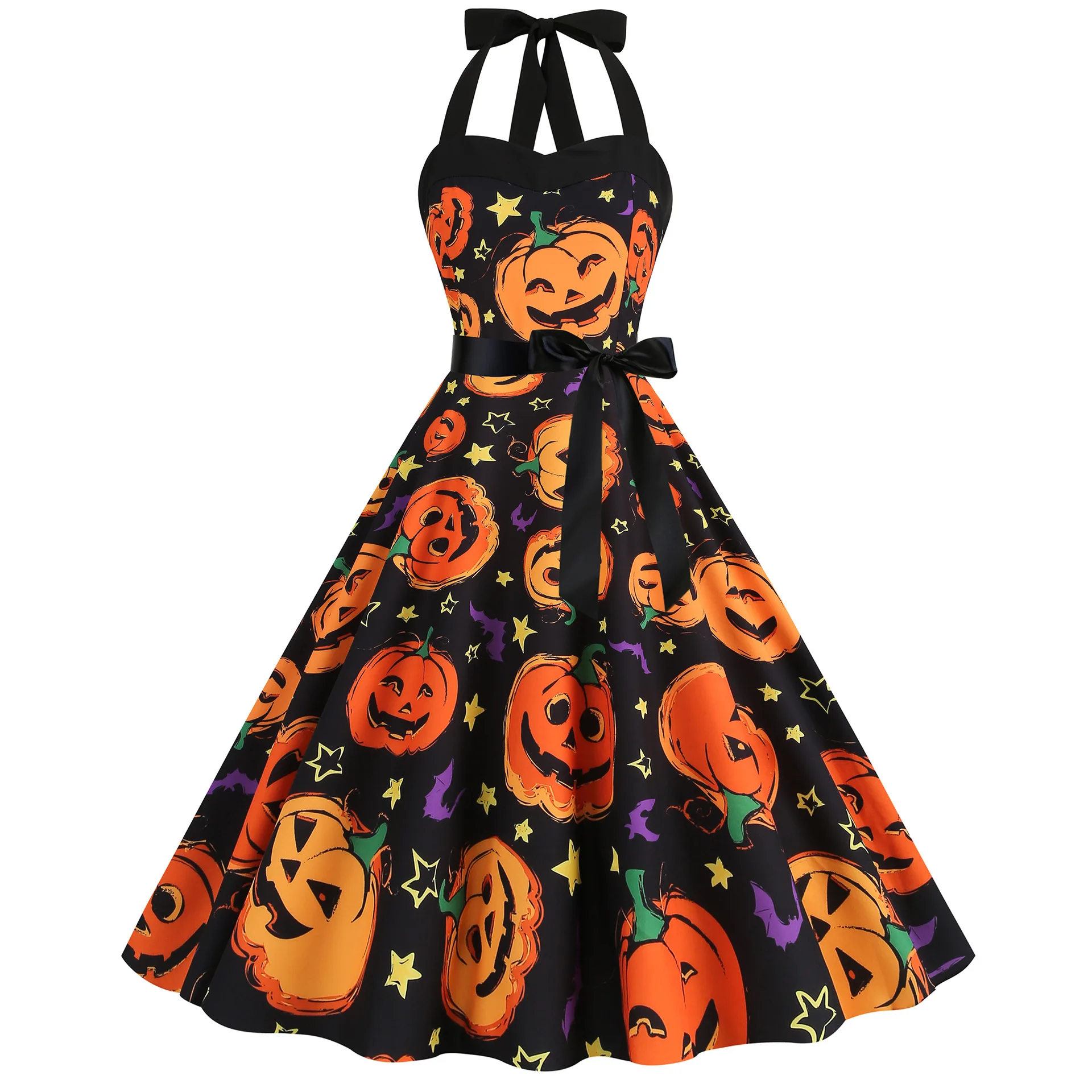 

2024 New Halloween Dress Retro Hepburn Dress Sexy Sleeveless Strap Halter Neck Wrap Chest Belt Pumpkin Print Swing Skirt