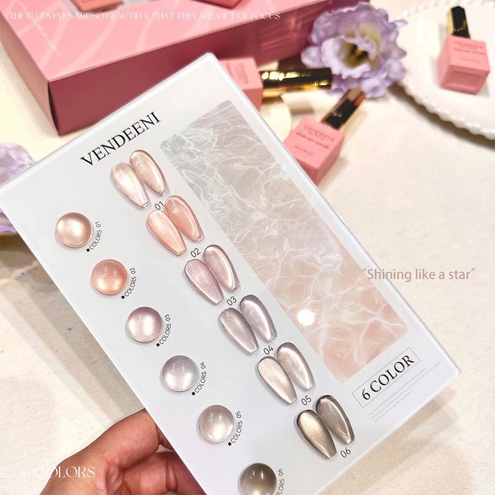 Vendeeni 6 Colors Iced Tea Crystal Cat Eye Gel Nail Polish Set Magnetic UV LED Gel Varnish Dark Brown Cat Eye Gel With Display