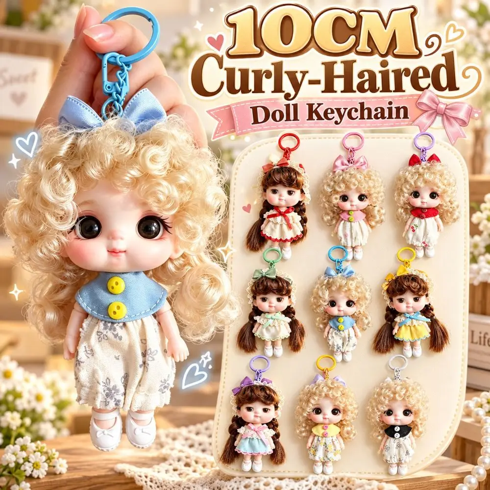 10CM Curly-Haired Doll Keychain Wearable Outfit Movable Joints Mini Doll Pendant Long Hair Lightweight Bag Charm Doll
