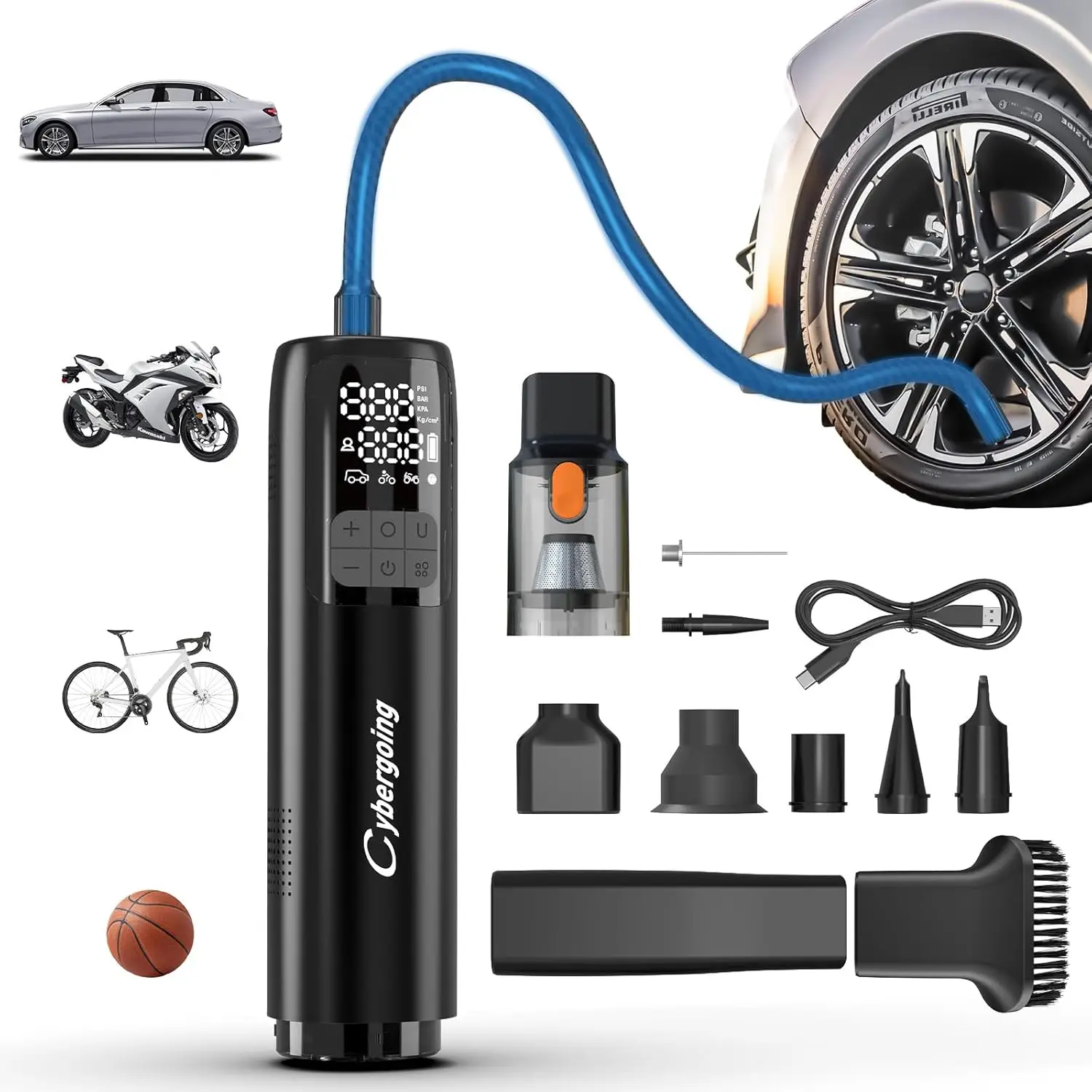 

Беспроводной портативный ручной пылесос с накачивателем шин 12000 Па 150 фунтов на квадратный дюйм перезаряжаемый комплект для чистки и накачивания автомобиля