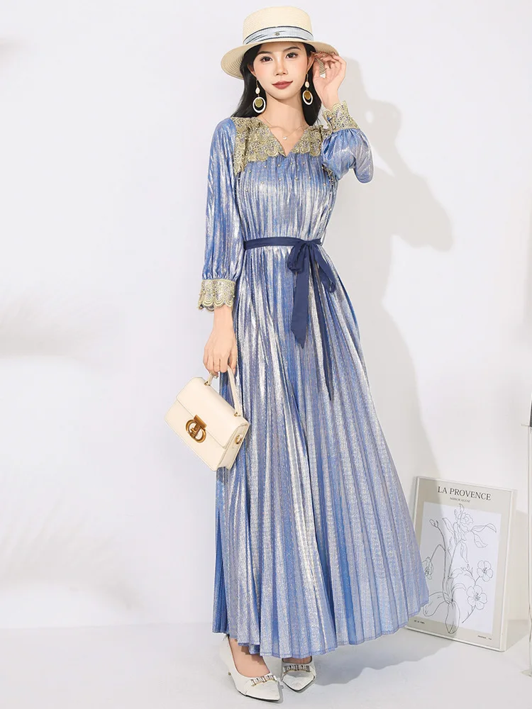 High Quality Pleated Lace Up Dresses Spring Women Long Sleeve V Neck Loose Dress Autumn High Waist Patchwork Ankle Length Dress