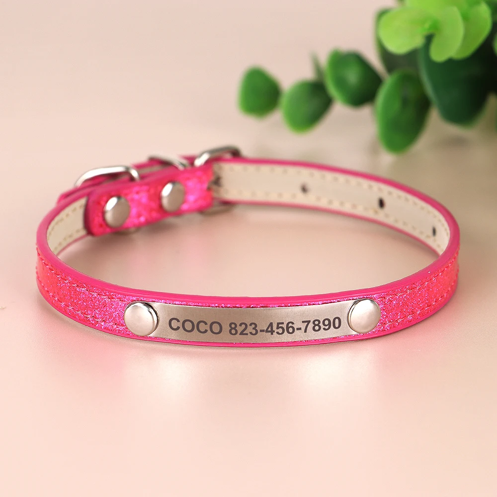 Collar personalizado de cuero brillante para gato, Collar tallado personalizado para mascotas, gatito, perros pequeños, cachorro, placa de identificación grabada