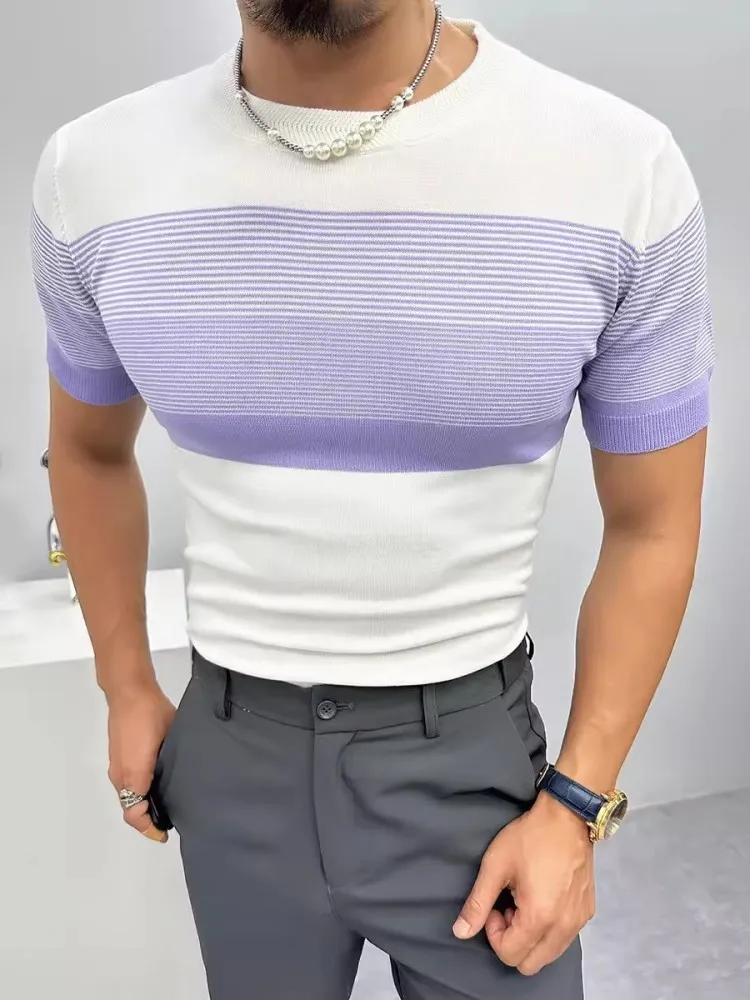 Slim Fit Men 2024 New Summer Short Sleeve Casual T-Shirt Fashion O-Neck Knitted Tops Pullover Tees Elastic Striped T-Shirts Male