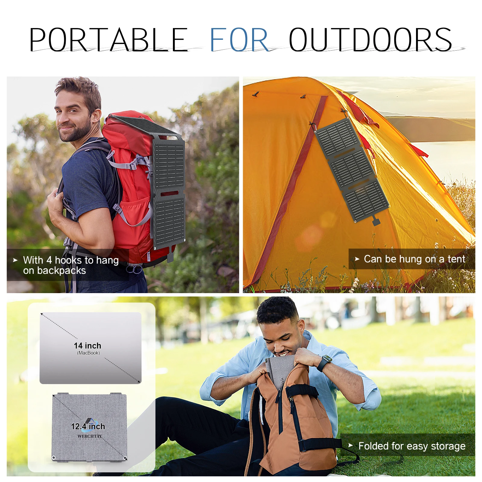 WERCHTAY 20W Foldable Solar Panel Charger IP65 Waterproof Portable Solar Charger 3 Output Ports for Camping Hiking RV Outdoor