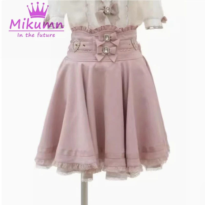 Mikumn harajuku lolita estilo doce arco pérola fivela cintura alta saia plissada y2k gótico meninas japonês kawaii a linha mini saia