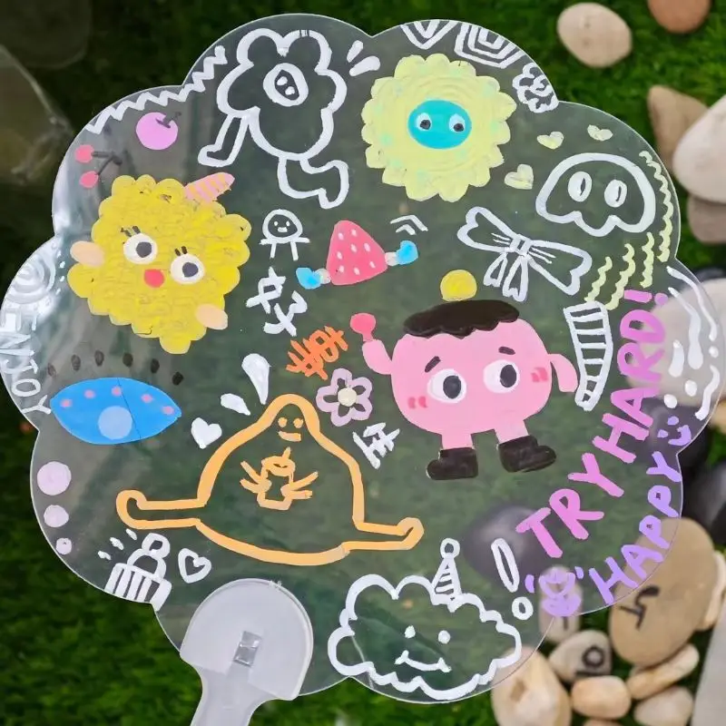 Handmade Diy Transparent Graffiti Fan Blank Hand Drawn Small Fan Cute Painting Hand Cranked Fan Round Fan Surprise Gifts