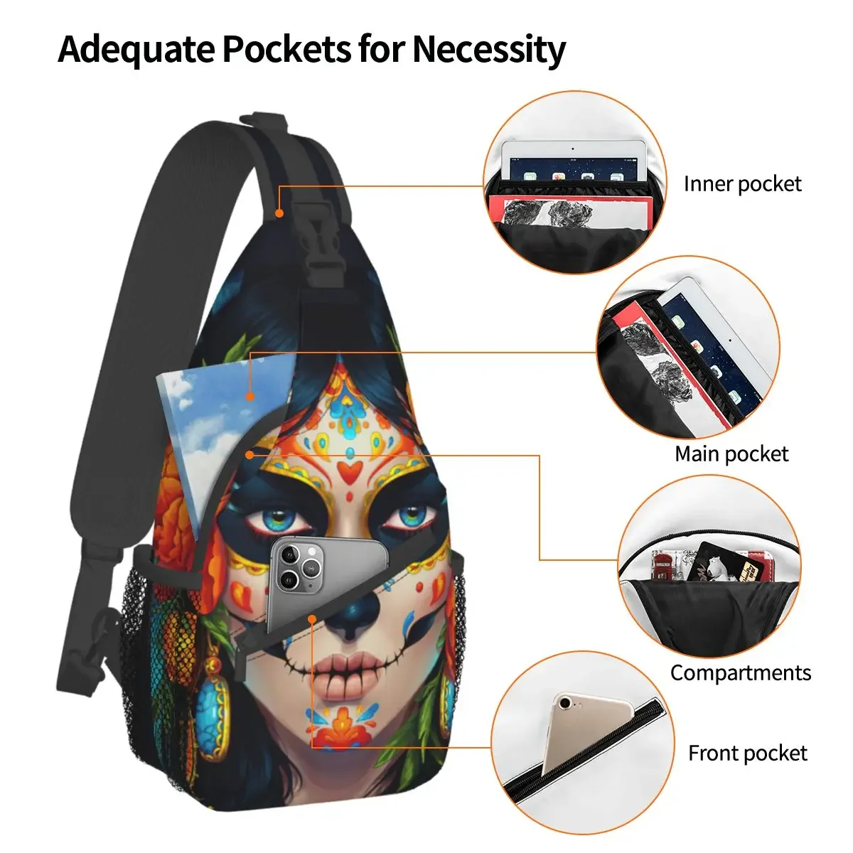 Sugar Skull Halloween Crossbody Sling Bag Pattern Chest Bag Santa Muerte Shoulder Backpack Daypack Hiking Travel Sports Bookbag