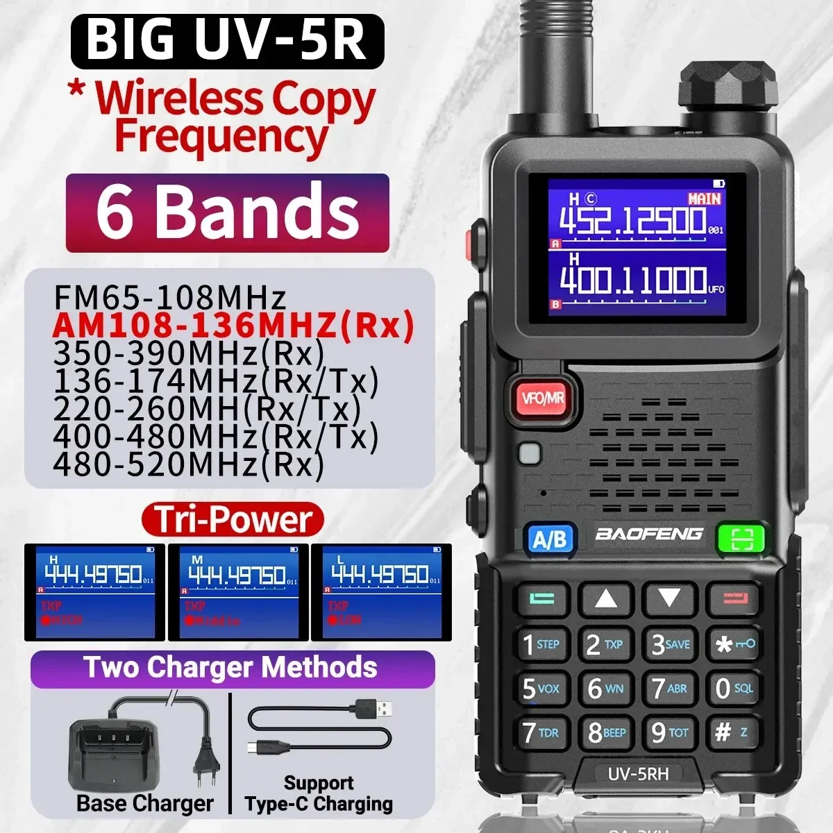 Baofeng-walkie-talkie de banda completa UV 5RH, frecuencia de copia inalámbrica, cargador tipo C, transceptor mejorado UV 5R, Radio bidireccional