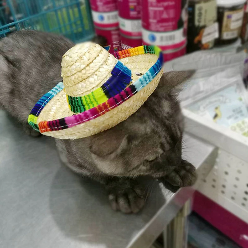 Straw Sombrero Mexican Hat Pet Adjustable Buckle Multicolor Pet Straw Small Dog Cat Hat Funny Summer Cap