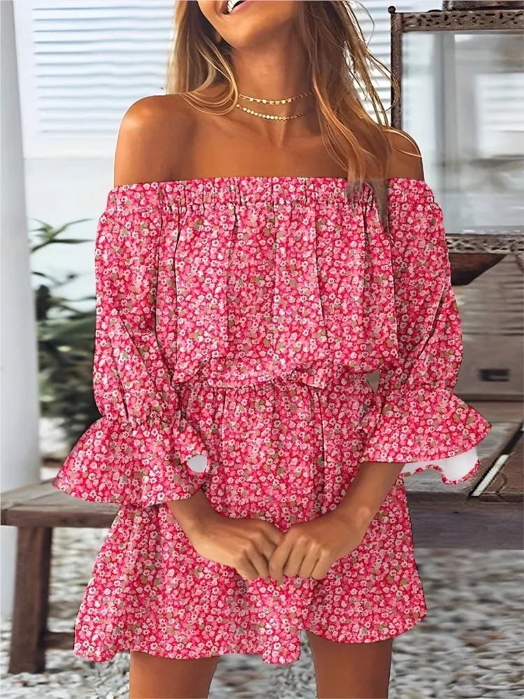

Summer Sexy Off Shoulder Mini Dresses For Women 2024 Fashion Flare Sleeve Elastic Waist Floral Dress Short Beach Dress Vestidos