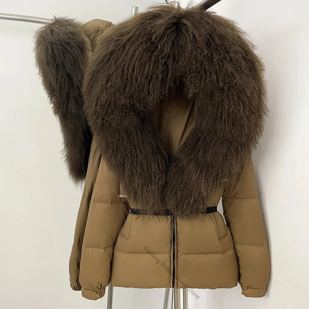 Down Jackets Woman with Fluffy Fur Warm Women's Puffer Jacket Belt Real Mongolia Sheep Fur Collar Outerwear Female Urban Style