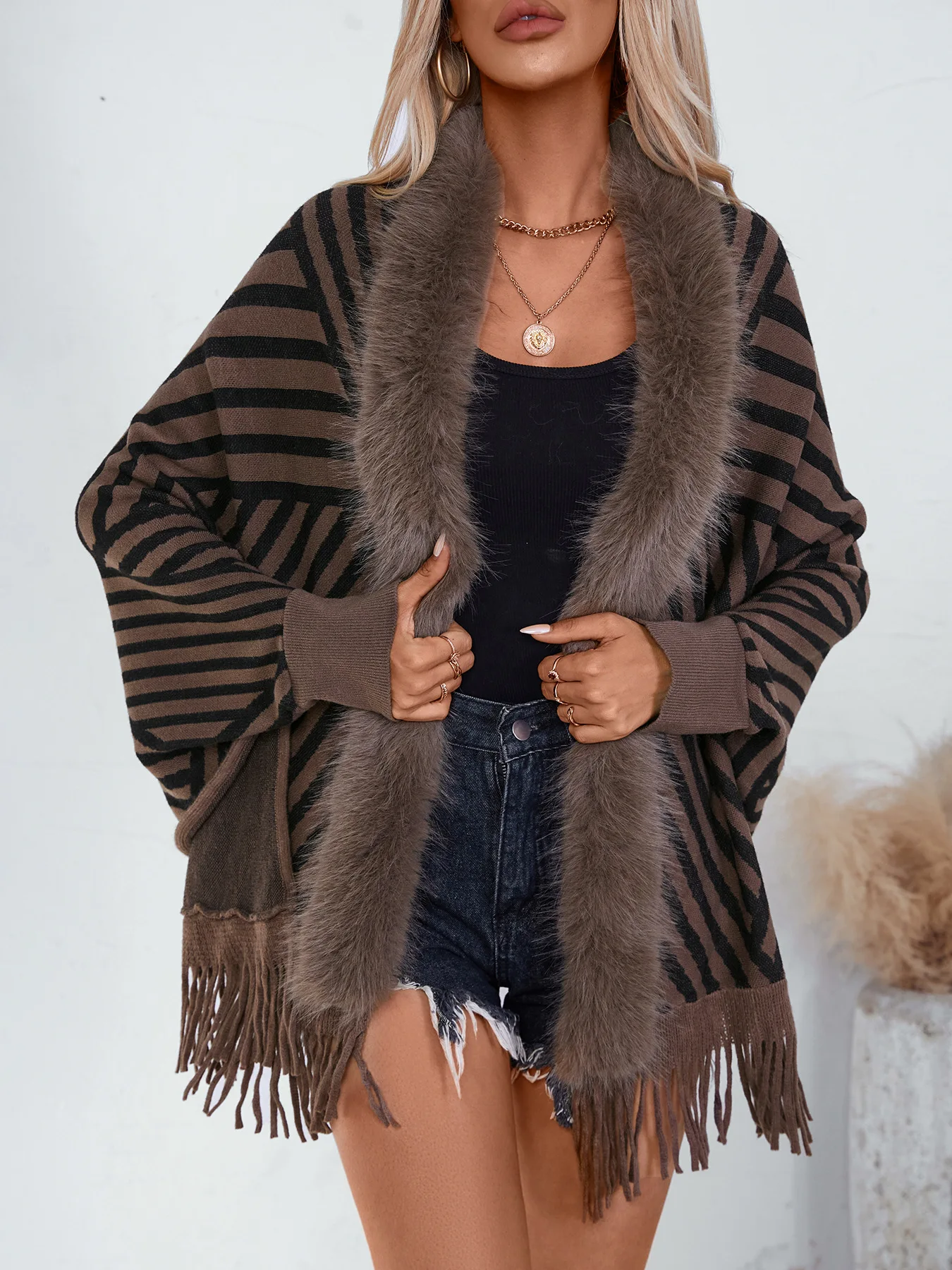 Cárdigan con borlas a rayas, suéter envolvente con hombros y cuello vuelto para mujer, Top de punto de manga larga para primavera y otoño, nueva ropa de abrigo de poliéster