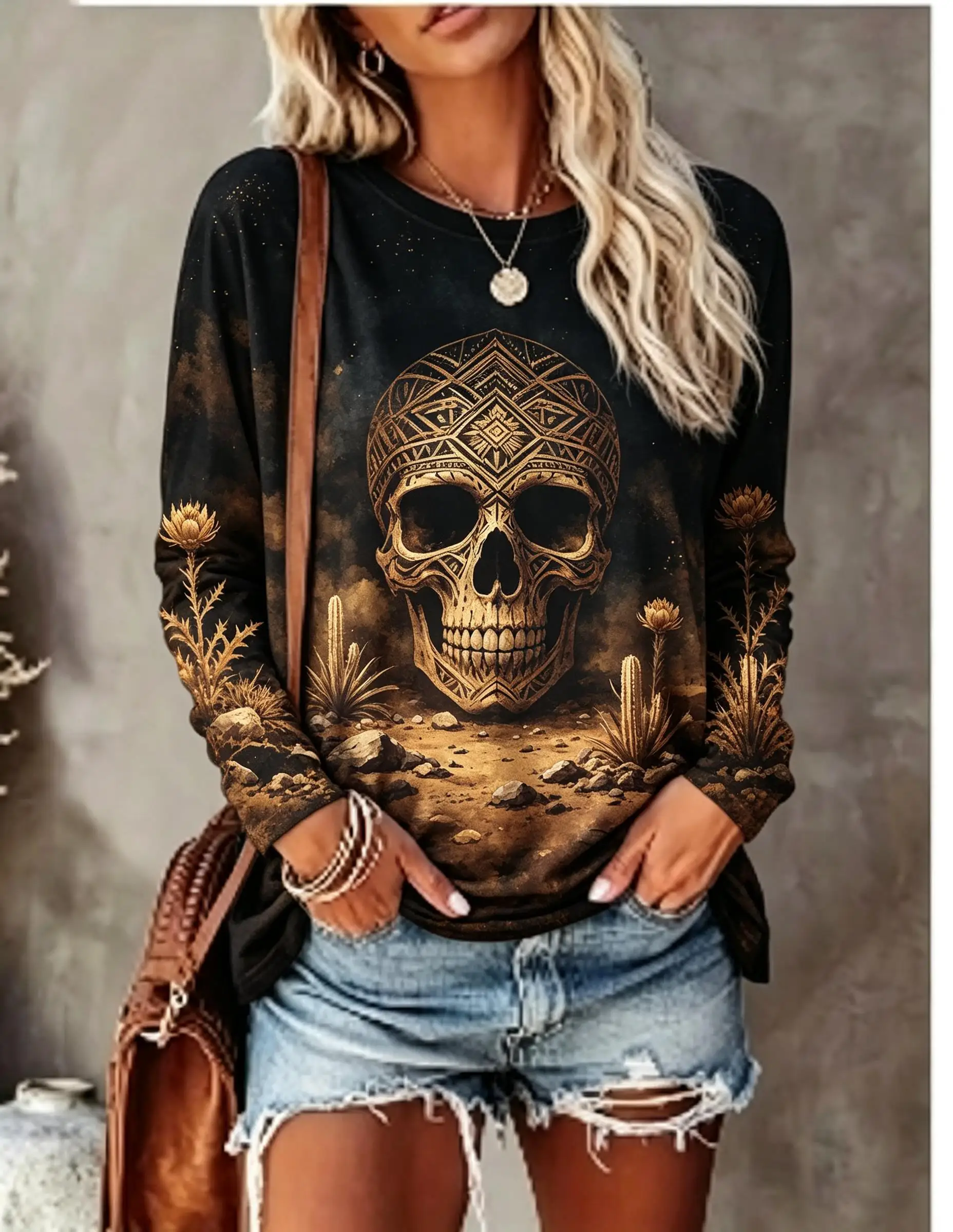 Women's Long Sleeve T-shirt Western Boho Sugar Skull Sunflower Print Tie Dye Crew Neck Casual Top