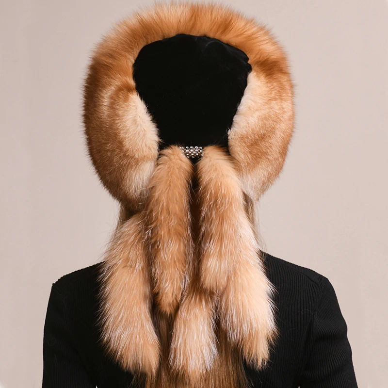 Winter Women Fox Fur Hat Fluffy Soviet Female Outdoor Warm Cap Snow Fur Hats 5 tails Real Fox Fur Cold Bomber Hats