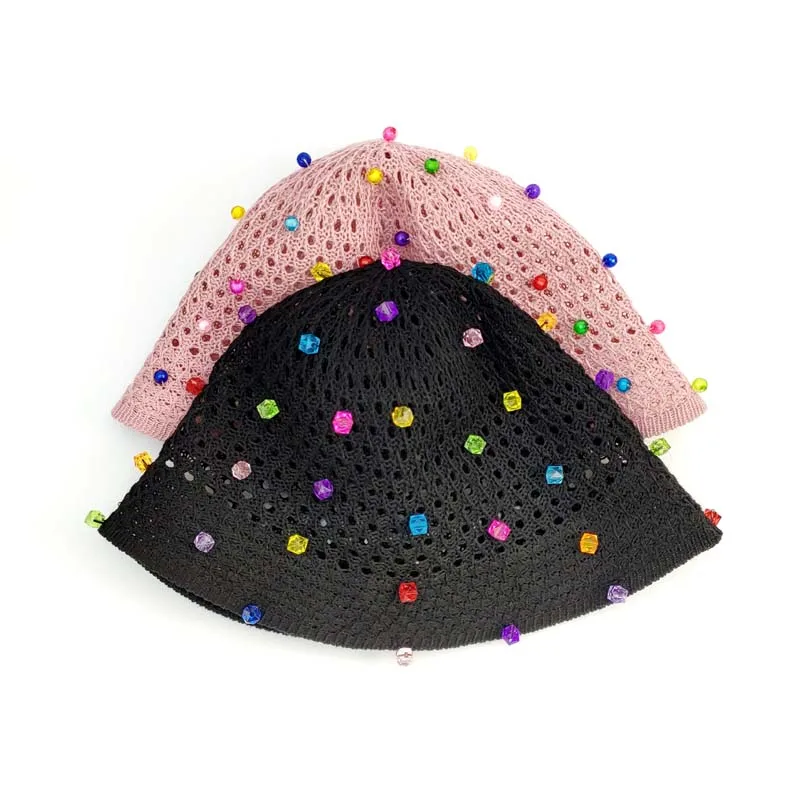 Pearl Women Colourful Fashion Summer Dome Hats Luxury Rhinestones Crystal Shine Knitted Hat Outdoor Warm Female Hat Cap Beanies