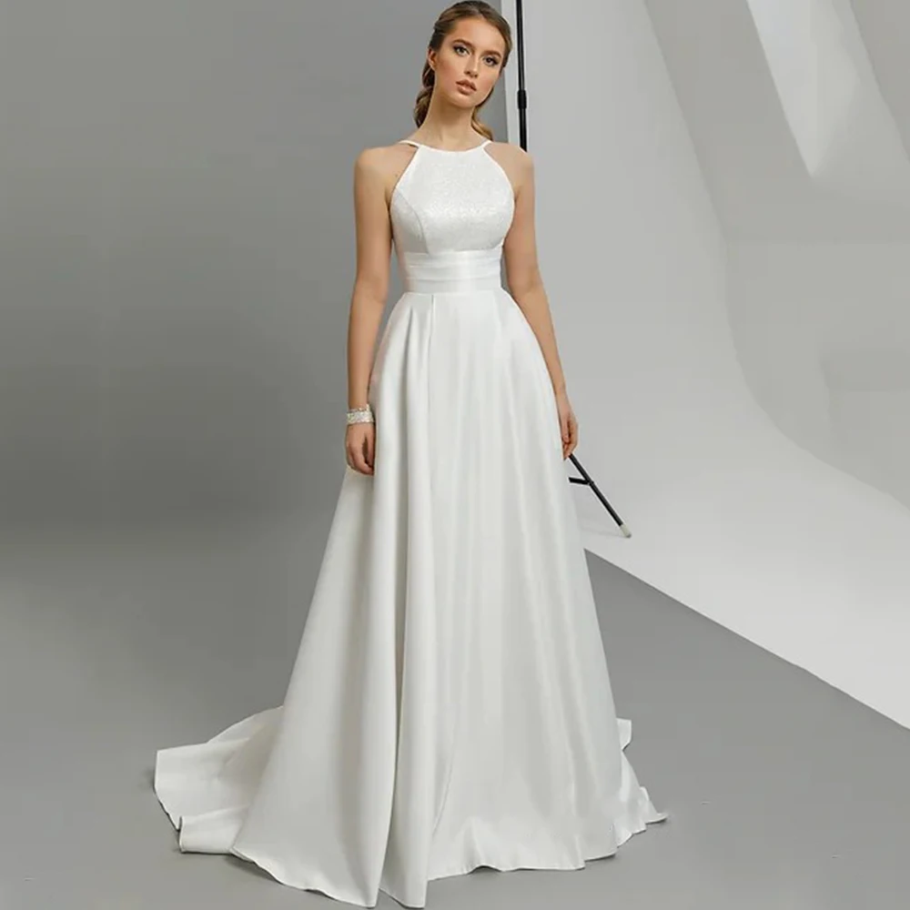 

Simple A-Line Sleeveless Wedding Dress Classic Satin with Pleat Sweep Train Bridal Spaghetti Straps Open Back Marriage Gowns