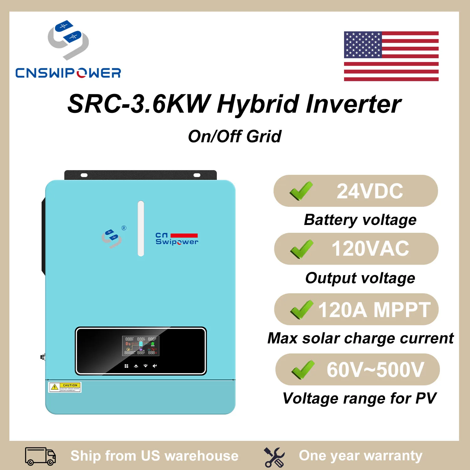 

3.6KW Hybrid Pure Sine-wave Inverter 120A MPPT Solar Controller on/off grid