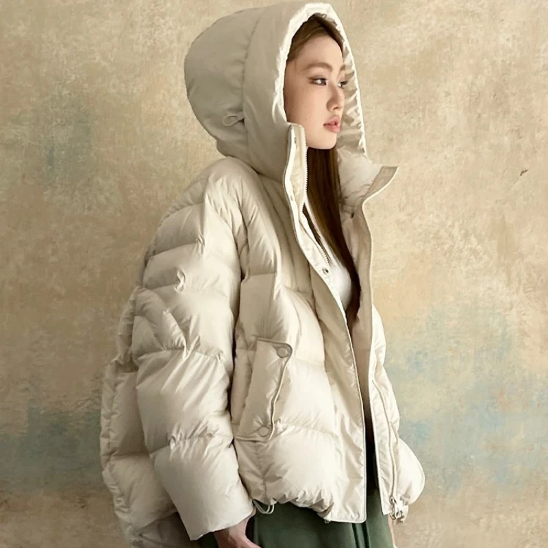 Short Hooded Down Jacket for Women, Monochromatic Coats, Thick Warm Outerwear, Simple Fashion, Winter