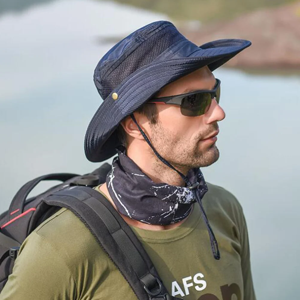 

Breathable Mesh Outdoor Sunscreen Fishing Hat Dark Blue Wide Brim Adjustable Cord Uv Protection for Hiking Camping