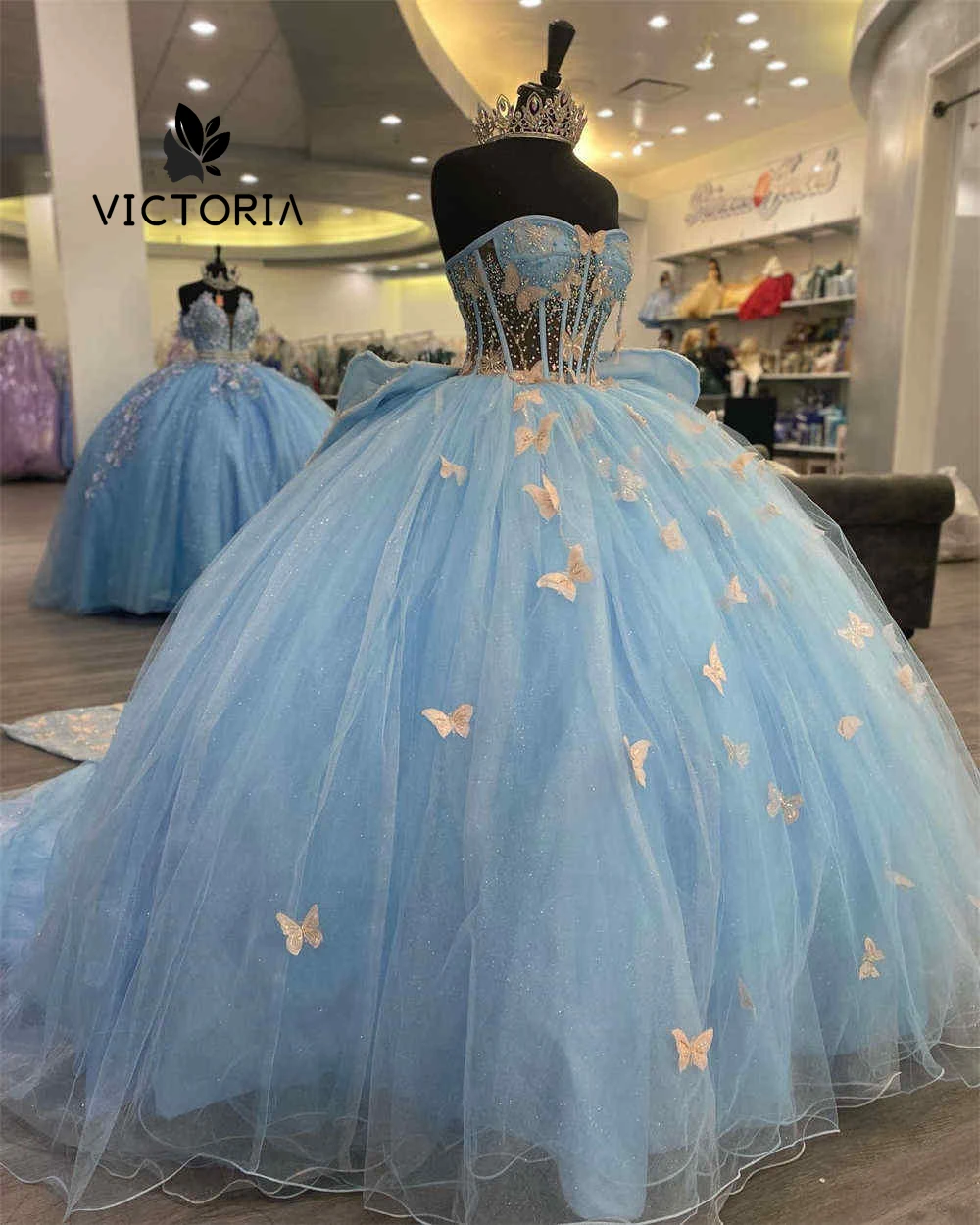 Dream Light Pink Butterflies Applique Blue Quinceanera Dresses Ball Gown Mexican Sweet Sixteen Dress Wedding Gowns Corset