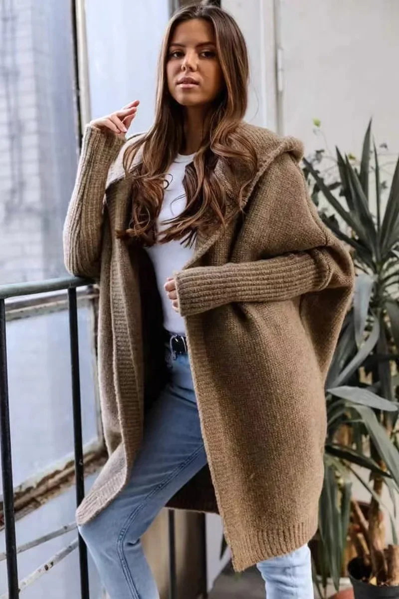 2024 Autumn Winter Cozy Chic Hooded Cardigan Women\'s Casual Knit Sweater Coat Elegant Batwing Sleeve Pocket Long Jacket Jumpers