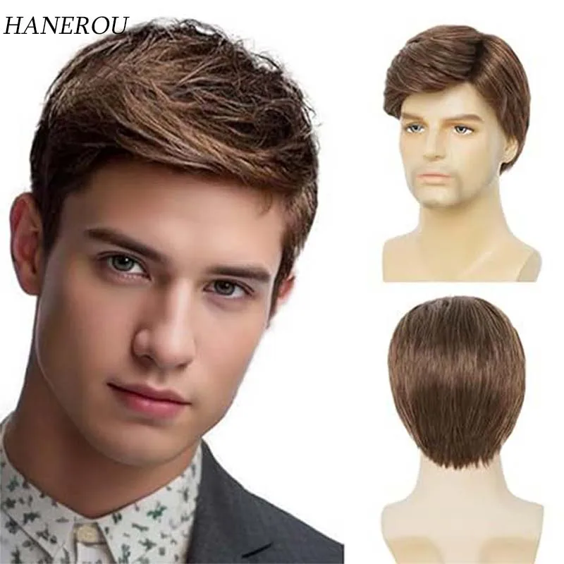 

Synthetic Brown Wig Short Wig with Bangs for Men Businessman Hairstyles Straight Wigs Male Cosplay Daddy Wig Gifts Costume