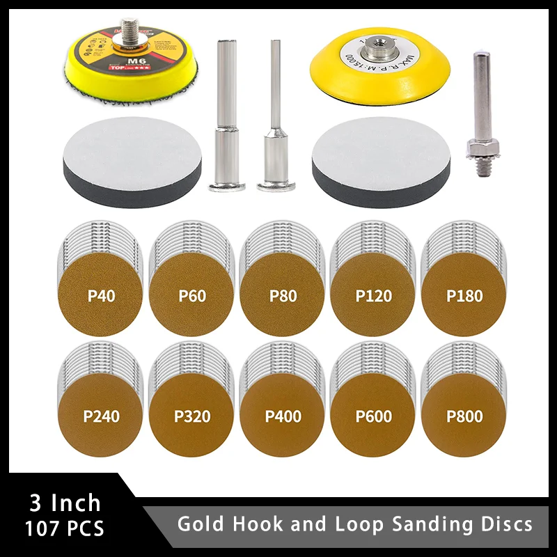 

Шлифовальные диски с золотым крючком и петлей, 3 дюйма, 107 шт., с подложкой в ассортименте, Зернистость 40-800 для полировки и шлифовки автомобиля, металла, дерева