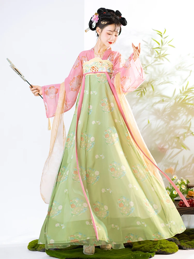 

Chinese Traditional Clothing Green HanFu Skirt Tang Dynasty 3 Piece For Annual Meeting Dance Costume And Daily Wear Embroidery