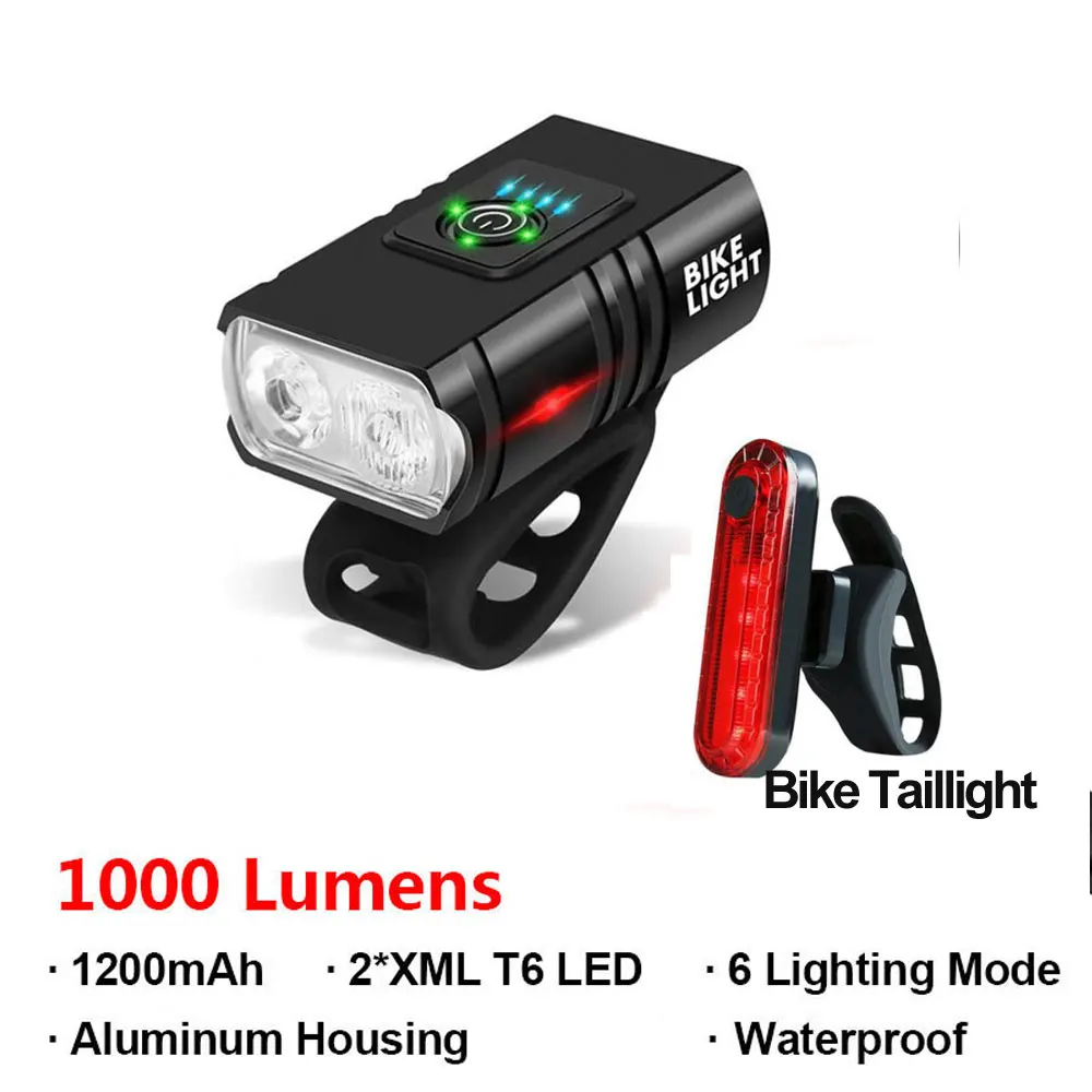 

2*T6 LED 1000LM Bike Light Waterproof Bicycle Headlamps Cycling Safety Warning Taillight Bike Accessories USB Rechargeable